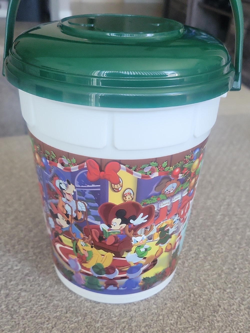 Disney Holiday Plastic Popcorn Bucket with Green Lid